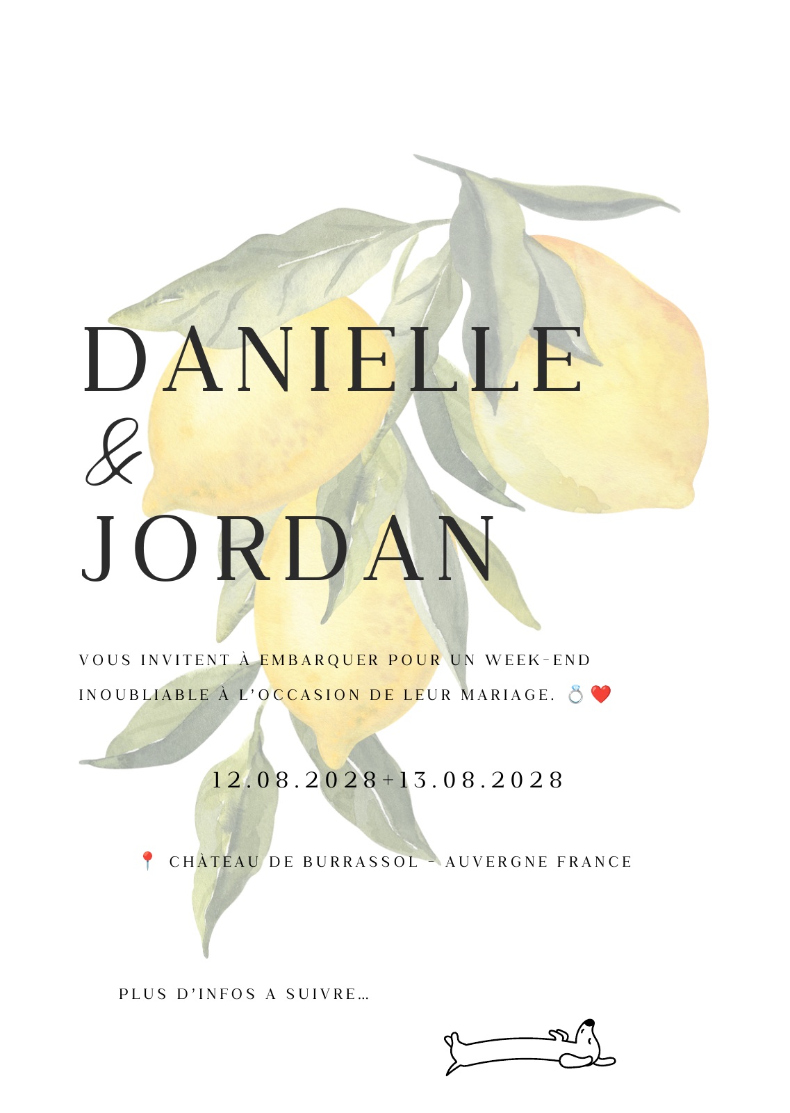 Danielle et Jordan vous invitent à leur mariage les 12 et 13 août 2028, au Château de Burrassol, en Auvergne, France. Plus d’informations à suivre.